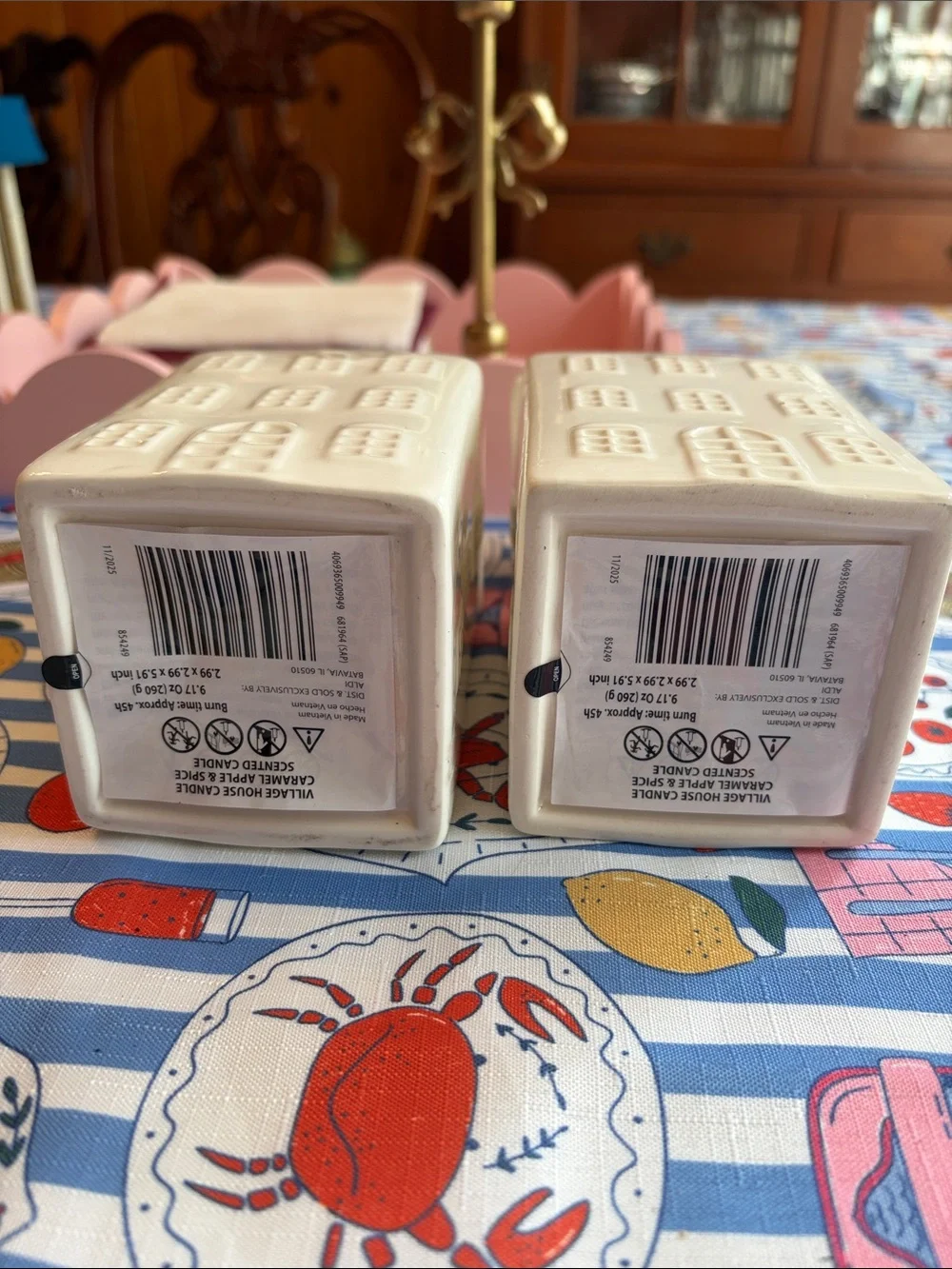 Two White Ceramic House Caramel Apple and Spice Lidded Candles